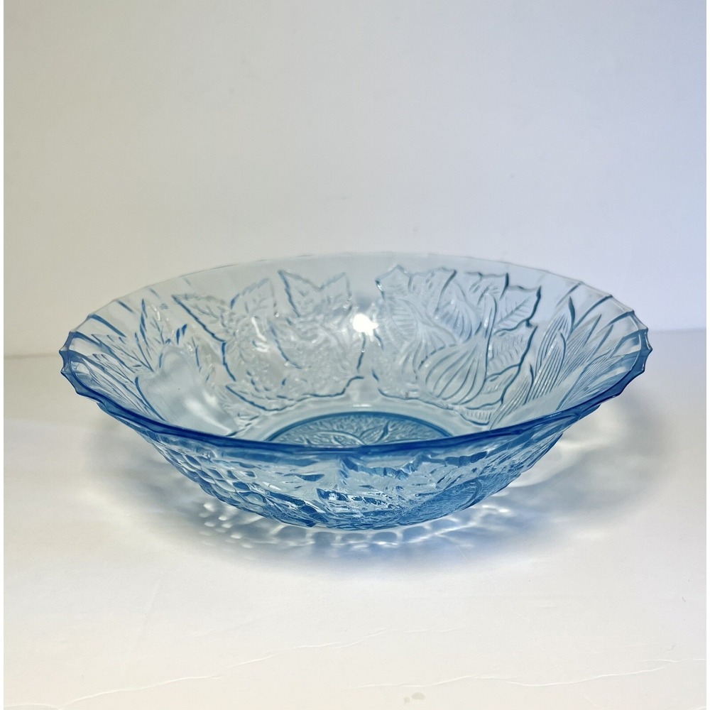 KIG Indonesia 7"‎ Ice Blue Pressed Glass Salad Bowl Della Robbia Fruit Pattern